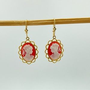 Resin Cameo Earrings, Handmade, Lacy Gold Filigree, Edwardian, Coquette